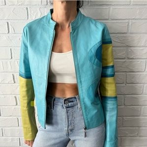 Leather patchwork Aqua & Yellow Jacket